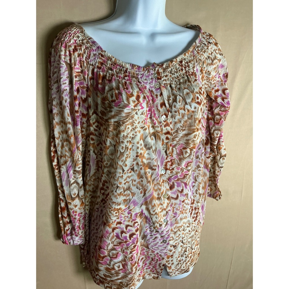 StetsonBlouse Womens Large Pink Brown Abstract Feather Smocked Western Excellent